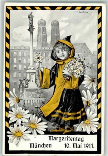 München 1911 Blumentag Margeritentag mit Münchner Kindl Mariensäule und Frauenkirche