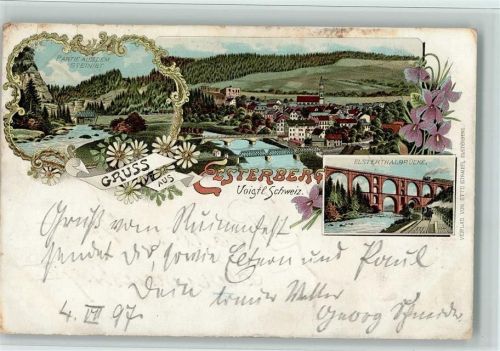 07985 O6603 Elsterberg , Vogtl 1897 Lithographie Gruss aus - Viadukt mit Eisenbahn, Teilansicht AK