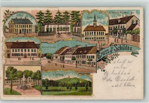 04889 O7295 Schildau , Gneisenaustadt 1900 Gebrauchsspuren Gruss aus - Litho, Kriegerdenkmal, , kl. Einriss