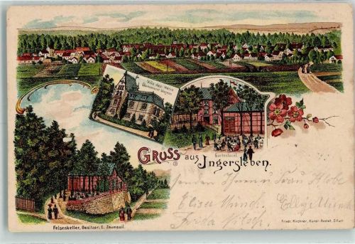 Ingersleben 1902 Villa des Herrn Ökonomierat Wagner Gartenlokal Felsenkeller Lithographie