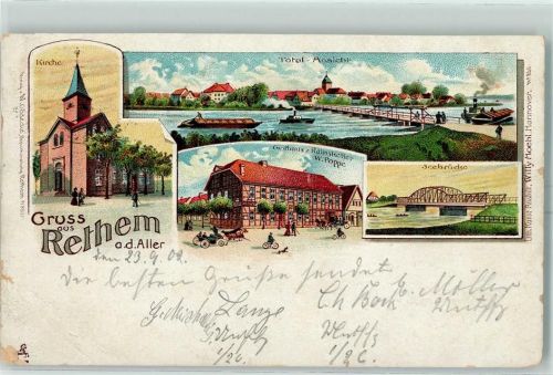 Rethem Kirche Gasthaus Ratskeller W. Poppe Seebrücke Lithographie
