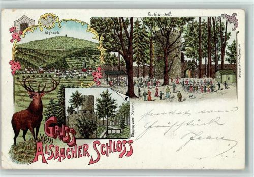 64665 W6146 Alsbach 1902 Lithographie Schloss Hirsch Schlosshof