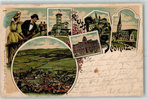 01855 O8360 Sebnitz 1899 Lithographie Grenadierburg Ev. Kirche Kath. Kirche Postgebäude