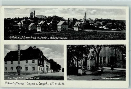 09619 O9215 Sayda - Bahnhof Kirche Wasserturm Gasthof Schwarzes Roß Marktbrunnen