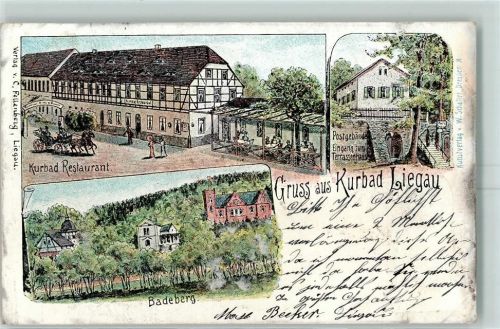 Liegau-Augustusbad 1901 Kurbad Restaurant Postgebäude Eingang zum Terrassenhaus Badeberg