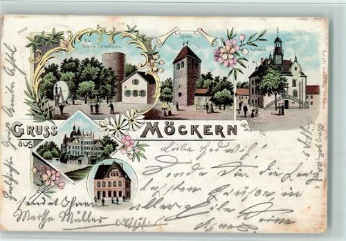 39291 O3272 Möckern b Burg b Magdeburg 1900 Lithographie Gruss aus - Rathaus, Kirche, Schloß AK