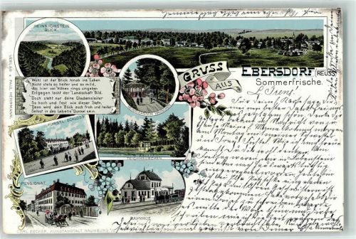 07929 O6551 Ebersdorf , Thür 1902 Lithographie Heinrichstein Häuschen Pensionat Fürstl. Schloß Bahnhof Gedicht
