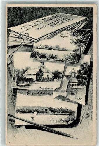 14548 O1501 Ferch 1907 Künstlerkarte Neue Scheune Dorfstraße Kirche Terch vom Schwilowsee sogn
