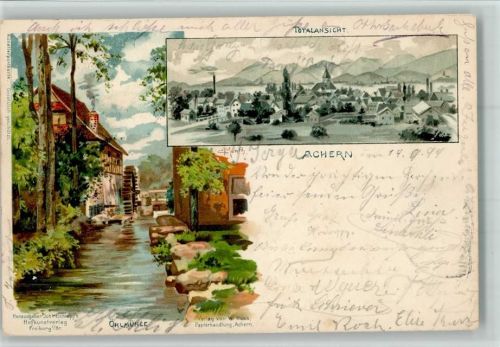 Achern 1899 Verlag Elchlepp, sign Munch - Öhlmühle Wassermühle , Bahnpost Strassburg-Stuttgart Zug 32 14.9.99 AK