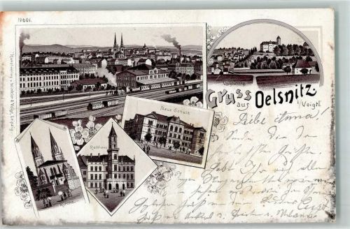 08606 O9920 Oelsnitz /Vogtl. 1897 Lithographie Neue Schule Voigtsberg Rathaus Kirche Bahnhof