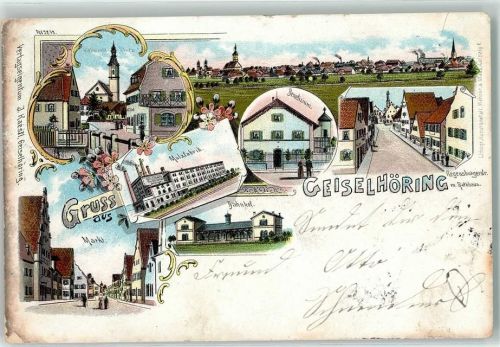 94333 W8442 Geiselhöring 1898 Lithographie Regensburgerstraße Rathaus Malzfabrik Bahnhof Benefizium