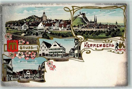 71083 W7033 Herrenberg im Gäu Lithographie Herrenberg im Jahre 1643 Nagoldstraße Sonne mit Horberstraße