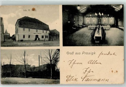 Prosigk 1910 Gasthaus zur Zuckerfabrik Speisesaal Zuckerfabrik Bahnpoststempel