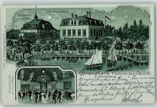 16515 O1407 Lehnitz 1906 Lithographie Gasthaus Strandhalle Ballsaal Segelboot-Anlegestelle