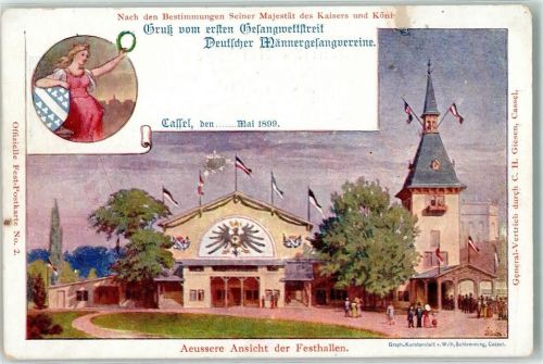 Kassel 1. Gesangswettstreit Deutscher Männergesangvereine Äußere Ansicht der Festhallen Off. Festpostkarte Nr 2