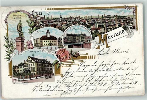 Meerane 1899 Bismarckdenkmal Härtel´s Hotel Rathaus Neue Webschule