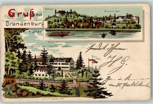 89165 W7905 Dietenheim , Iller 1904 Gebrauchsspuren Schloss Mineral Bad Lehmann Ruderboot Floss Fahne Blau Weiss Schwarz Rot Gruss Brandenburg Lithographie