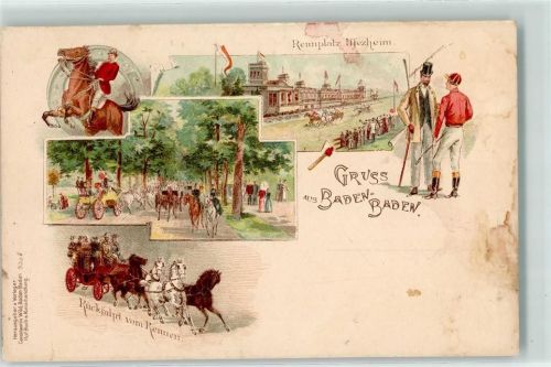 W7570 Baden-Baden Gruss aus Rennplatz Iffezheim Lithographie AK Pferderennen 1900 Gebrauchsspuren