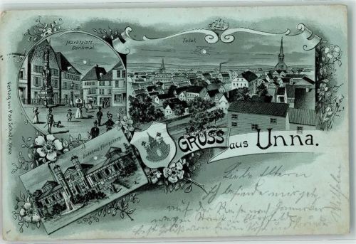 Unna 1899 Marktplatz Denkmal Badehaus Königsborn Wappen