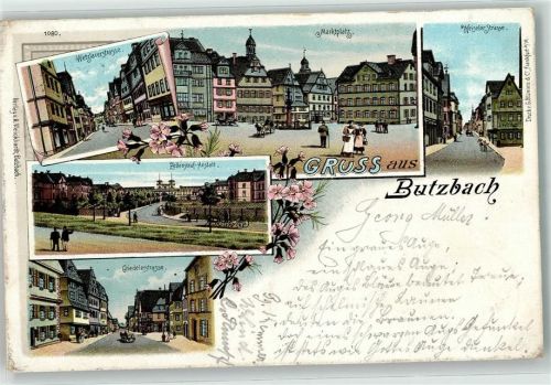 35510 W6308 Butzbach 1897 Lithographie Bahnpost Cöln Giessen Frankfurt Zug 95 14.8.97 Wetzlarerstraße Marktplatz Weiseler Straße Zellenstraf Anstalt Griedelerstraße