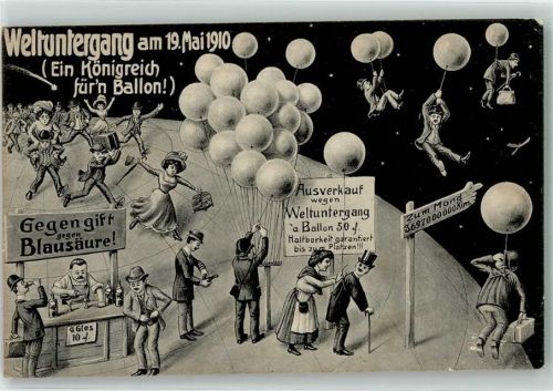 Weltuntergang 19. Mai 1910 Halleyscher Komet Ballon Off. Erinnerungskarte an den Untergang der Welt Dessin 2