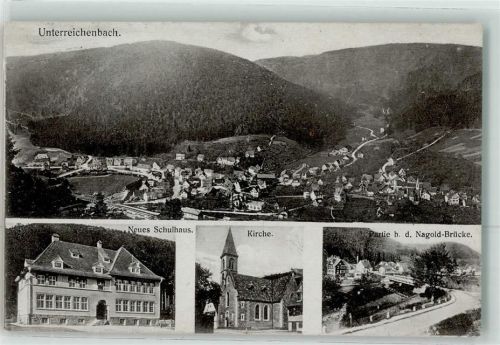 75399 W7267 Unterreichenbach , Kr Calw - Neues Schulhaus Kirche Nagold-Brücke
