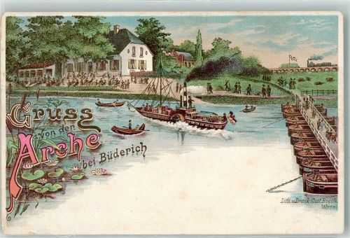 46483 W4230 Büderich b Wesel 1898 Lithographie Gasthaus Arche Schiffbrücke Seitenraddampfer Ruderboot