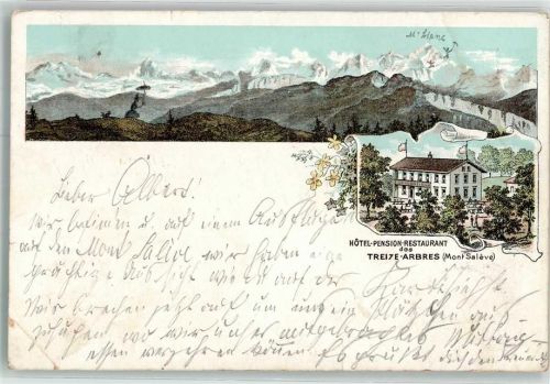 Monnetier-Mornex 1897 Hotel Pension Gasthaus Treize-Arbres Mont Saleve Lithographie