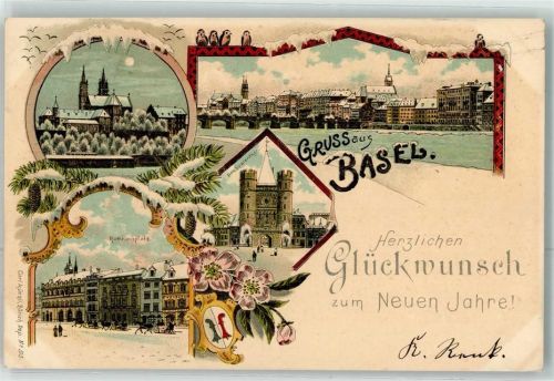 Basel 1900 Rathausplatz Spalentor Glückwunsch Neujahr
