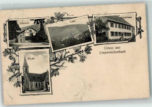 Unterreichenbach 1910 Bahnhof Schulhaus Kirche Stempel K. Württ. Bahnpost Zug 936