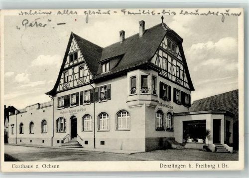 79211 W7819 Denzlingen Foto AK Gasthaus zum Ochsen Bahnpost Frankfurt-Basel Zg. 873