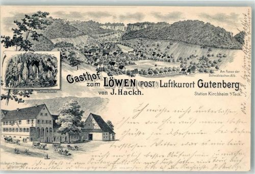 Gutenberg Vorläufer Gasthaus z. Löwen Wolfsschlucht Lithographie beschnitten