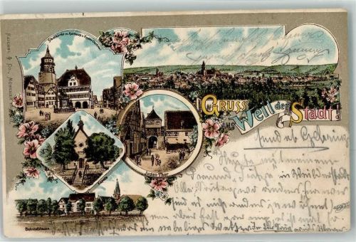 Weil der Stadt Stadtkirche Rathaus Kapelle Juden Tor Bahnhofstraße Kepler Denkmal Kirche Gruss Blumen Lithographie