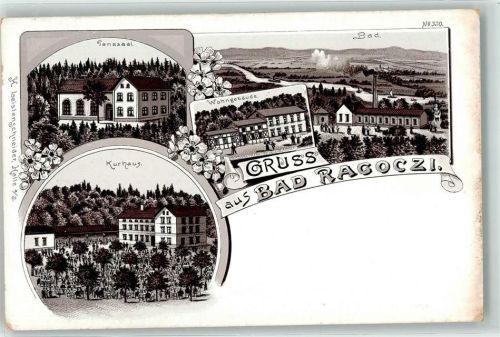 06198 O4101 Neuragoczy Lithographie Tanzsaal Bad Wohngebäude Kurhaus Blumen Gruss aus Bad Ragoczi