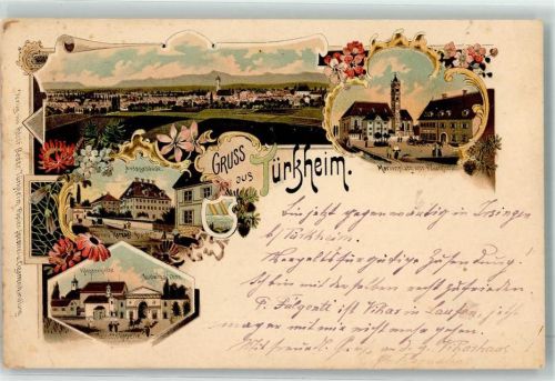 86842 W8939 Türkheim , Wertach 1904 Gebrauchsspuren Marienplatz Klosterkirche Amtsgebäude Ludwig-Tor Litho