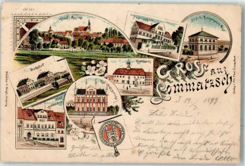 01623 O8260 Lommatzsch 1899 Lithographie Post- u. Telegraphenamt Rathaus Kgl. Amtsgericht Stadtsiegel