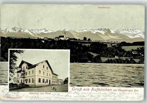 85445 W8059 Aufkirchen 1910 Foto AK Starnberger See Benediktenwand Gasthaus zur Post