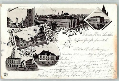 85435 W8058 Erding 1897 Lithographie Bezirksamt Krankenhaus Schrannenplatz Lange Zelle