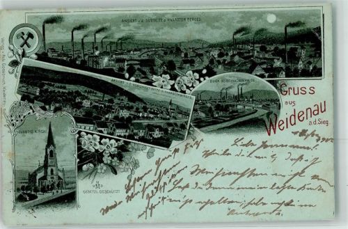 Weidenau 1900 Ev. Kirche Haardter Berg Schlackenhaide Fabrik Schornstein Rauch Mond Blumen Gruss Lithographie