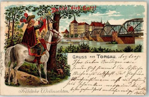 Torgau 1912 Weihnachtskarte Trompeter Elbbrücke Elbdampfer