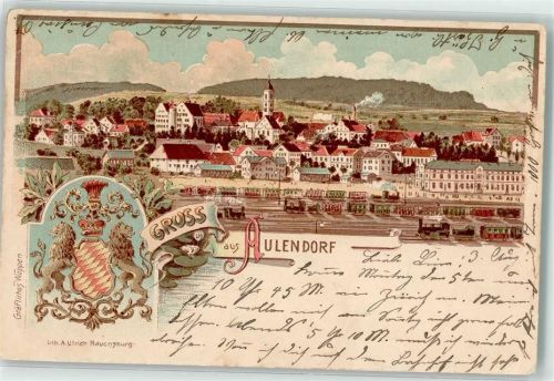 Aulendorf Gräfl. Wappen Bahnhof Lithographie