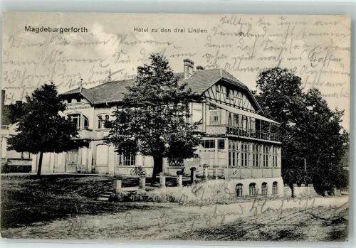 39291 O3271 Magdeburgerforth 1913 Gebrauchsspuren Hotel zu den drei Linden Fahrrad Foto AK