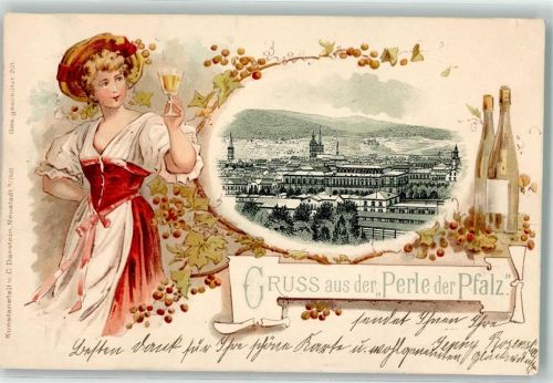 67433 W6730 Neustadt-Stadt 1898 Lithographie Weingenießerin Weinflaschen Ort lt. Stempel Zierrahmen