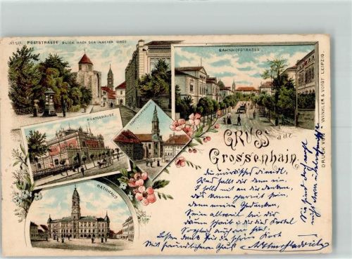 01558 O8280 Großenhain , Sachs 1899 Lithographie Bahnhofstraße Stadthauptkirche Post Rathaus