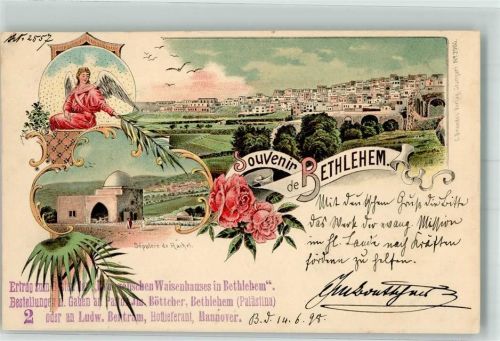 Bethlehem 1898 Sepulere de Rachel Engel mit Olivenzweig Spende Stempel