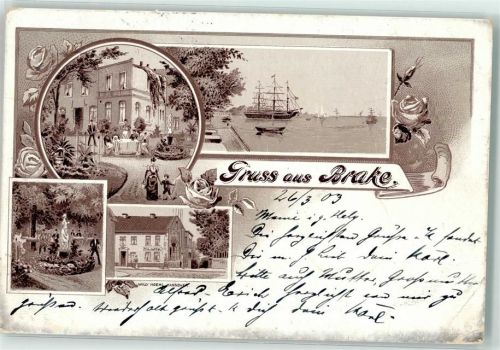 26919 W2880 Brake Unterweser 1903 Gebrauchsspuren Vorläufer Rosenknospe Hafen Segelschiff Park Lithographie