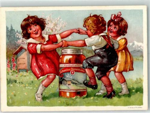 Kinder tanzen im Frühling um ein Glas Schweizer Bienenhonig