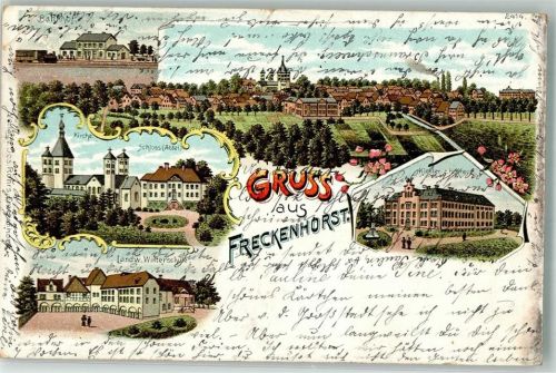 Freckenhorst Lithographie Kloster Schloß Landwirtsch. Schule Bahnhof