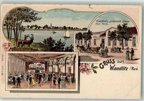 16348 O1292 Wandlitz 1909 Lithographie Wandlitzer-See Hirsche Gasthaus zum goldenen Löwen Ballsaal