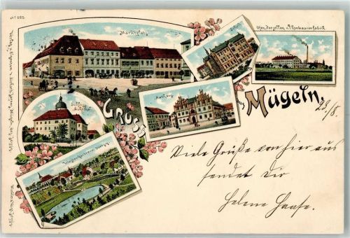 04769 O7263 Mügeln b Oschatz 1899 Lithographie Kloster-Gärtnerei Schloß Ruhethal Rathaus Marktplatz Tonwarenfabrik